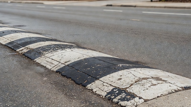 A road surface with a speed bump seen from low down