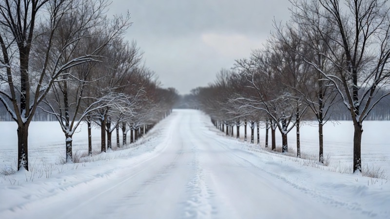 A snow-covered road curving away between bare trees