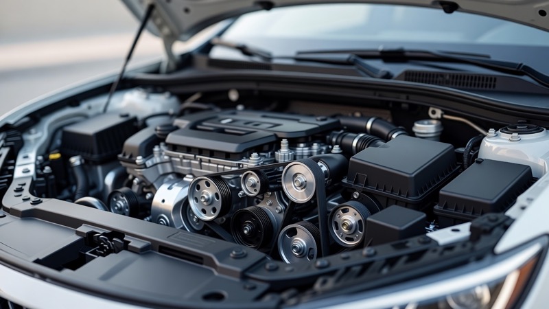 An engine bay with the auxiliary belt and pulleys visible